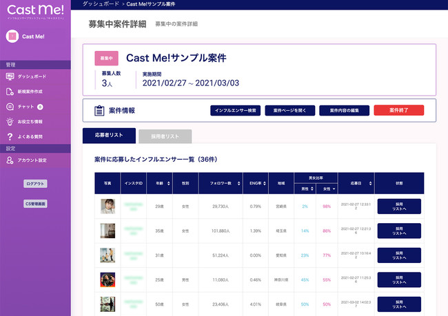 Cast Me!（キャストミー ）インフルエンサーの公募・指名機能