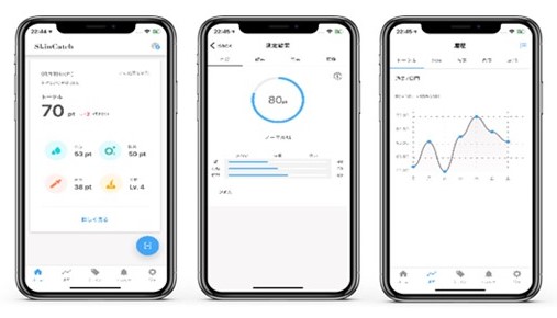 「SkinCatch」専用アプリ画面イメージ。 （左）肌の点数表示（トータルスコア）、（中央）各測定項目別スコア、（右）測定履歴