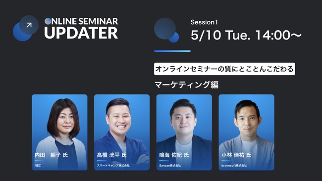 【ウェビナー情報】2022/5/10(火) bravesoft×Sansan、ONLINE SEMINAR UPDATER 2022 Spring 開催
【日時】
2022年5月10日火曜日　14:00〜

【登壇者】
内田 朝子 氏（NEC）
髙橋 洸平 氏（スマートキャンプ株式会社）
鳴海 佑紀 氏（Sansan株式会社）
小林 佳祐 　（bravesoft株式会社）